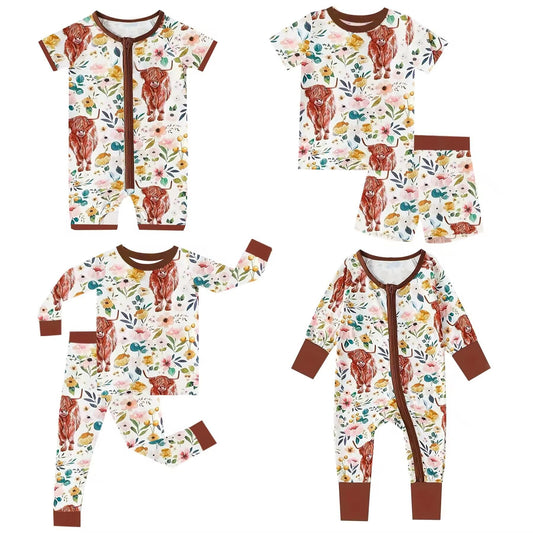 5.16custom each style moq 5eta 4-5week Sibling Sister cow flower print drown boys outfits and baby romper match family design