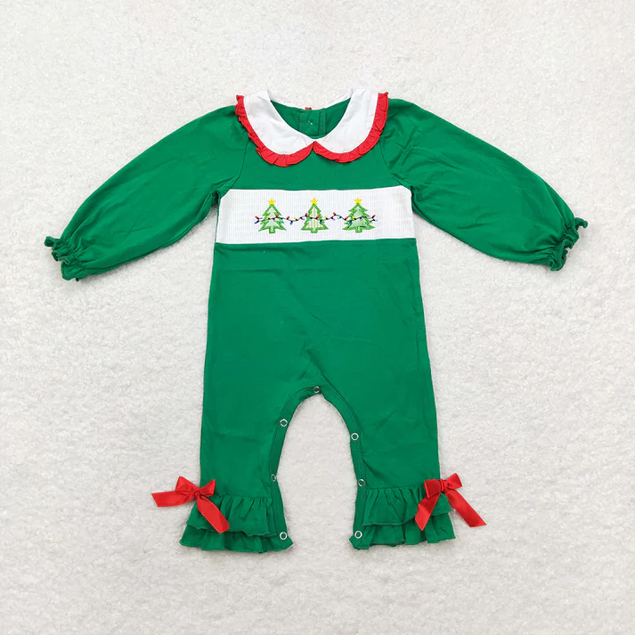 RTS NO MOQ GLD0579 smock embroidery Baby Girls Christmas Tree Sibling Sister Smocked Rompers Dresses