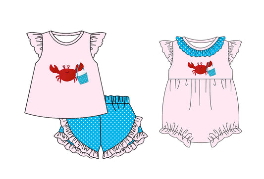 1.13 custom each style moq 5eta 4-6week Sibling Sister crab baby girl short sleeve shorts sets and rompers match design