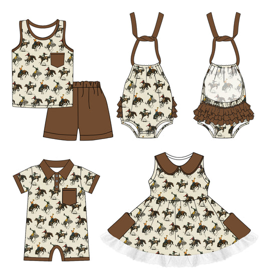 1.3 custom each style moq 5eta 4-6week Sibling Sister riding horse baby girl short sleeve shorts sets and girls romper and boy romper and dress match design