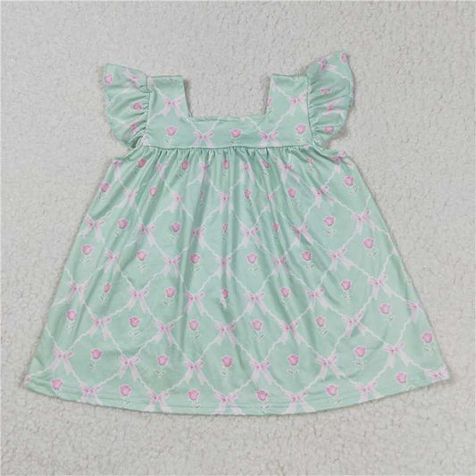 RTS SALES NO MOQ G1-12-9*；； Pink rose bow green small flying sleeve dress 粉色玫瑰蝴蝶结绿色小飞袖裙