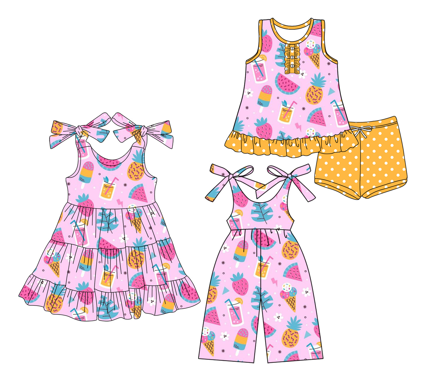 3.15 custom each style moq 5eta 4-6week Sibling Sister fruit baby girl short sleeve shorts sets and dresses and jumpsuit match design