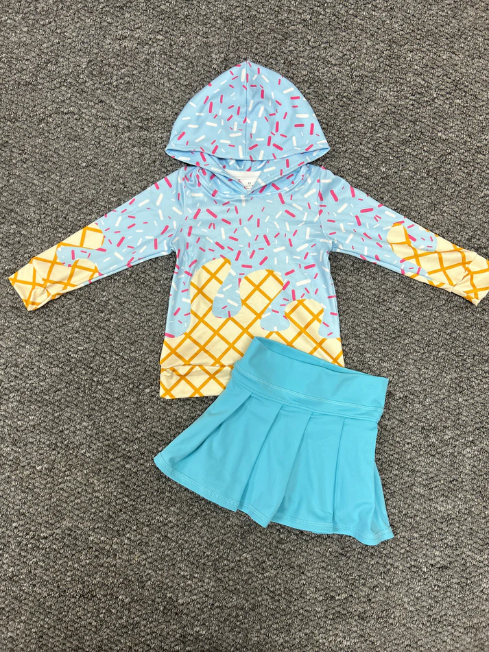 RTS NO MOQ BT1270+GLK0082 Waffle Ice Cream Hooded Long-Sleeved Top Plain Sky Blue Yoga Skirt set