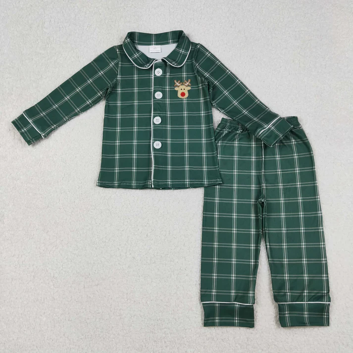 RTS NO MOQ Sibling baby girl boy clothes Embroidered Christmas tree pattern red plaid long-sleeved suitS