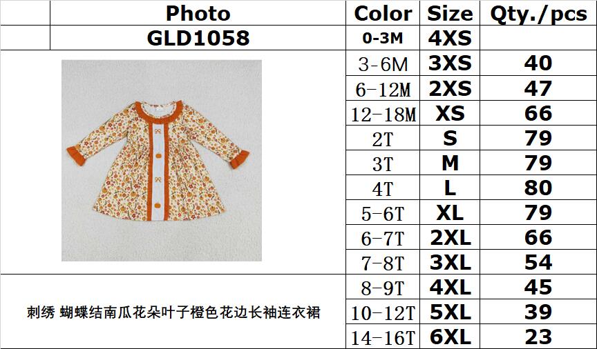 RTS NO MOQ GLD1058 Embroidered bow pumpkin flower leaf orange lace long sleeve dress