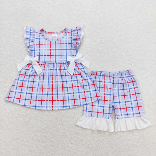 GSSO0707 Blue plaid white bow flying sleeve shorts set