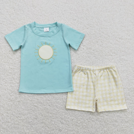 BSSO0614 Embroidery sunny day blue green short sleeves yellow and white plaid shorts set（3/6m-7/8t）