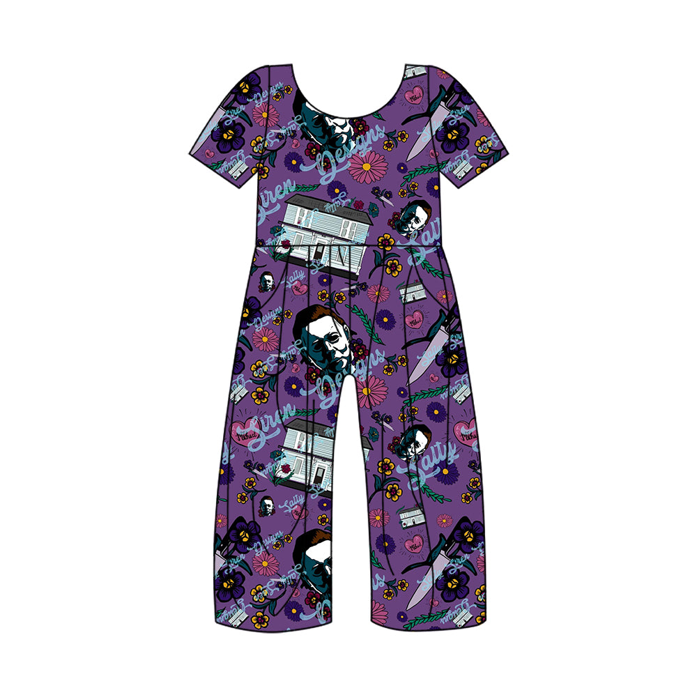 5.2custom each style moq 5eta 4-5week Sibling Sister Halloween scary cartoon character prints purple girls jumpsuits and dress and baby romper match family design