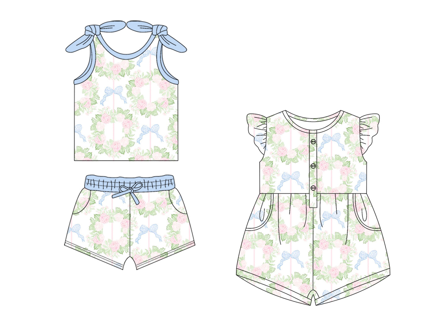 1.18 custom each style moq 5eta 4-6week Sibling Sister bow floral baby girls short sleeve shorts sets and jumpsuit match design