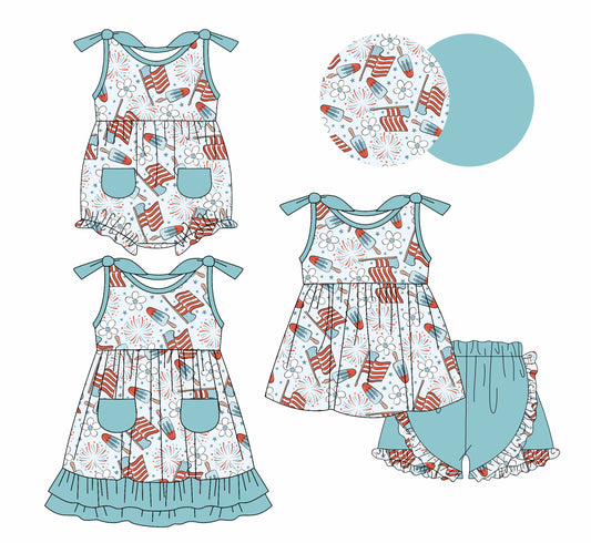 1.9 custom each style moq 5eta 4-6week Sibling Sister 4th of july baby girl short sleeve shorts sets and dress and rompers match family design