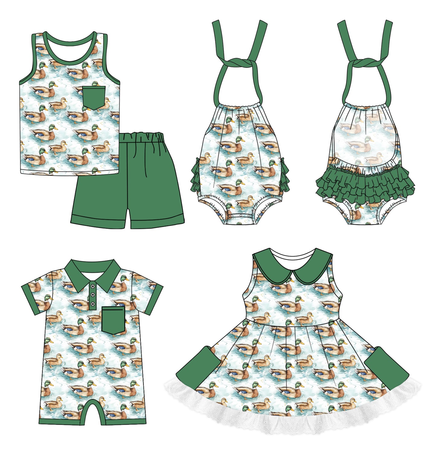 1.3 custom each style moq 5eta 4-6week Sibling Sister duck baby girl short sleeve shorts sets and girls romper and boy romper and dress match design