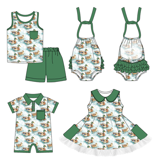 1.3 custom each style moq 5eta 4-6week Sibling Sister duck baby girl short sleeve shorts sets and girls romper and boy romper and dress match design