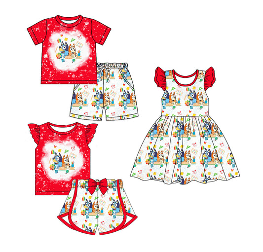 1.7 custom each style moq 5eta 4-6week Sibling Sister cartoon dog baby girl short sleeve shorts sets and sets 2 and dress match design