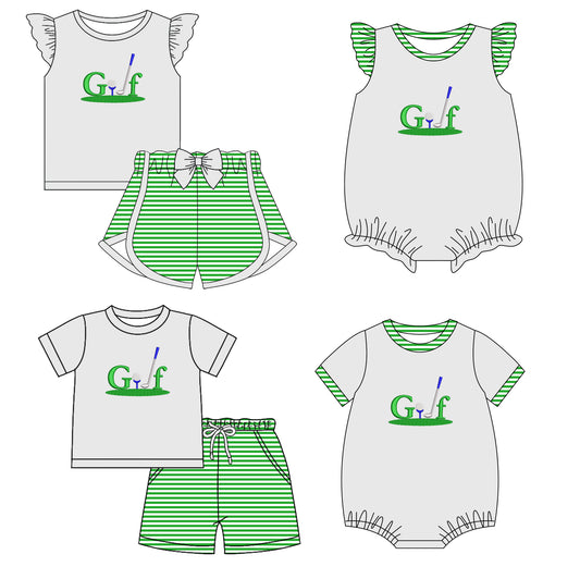 2.12 custom each style moq 5eta 4-6week Sibling Sister golf baby girl short sleeve shorts sets and sets 2 and boy romper and girl romper match design