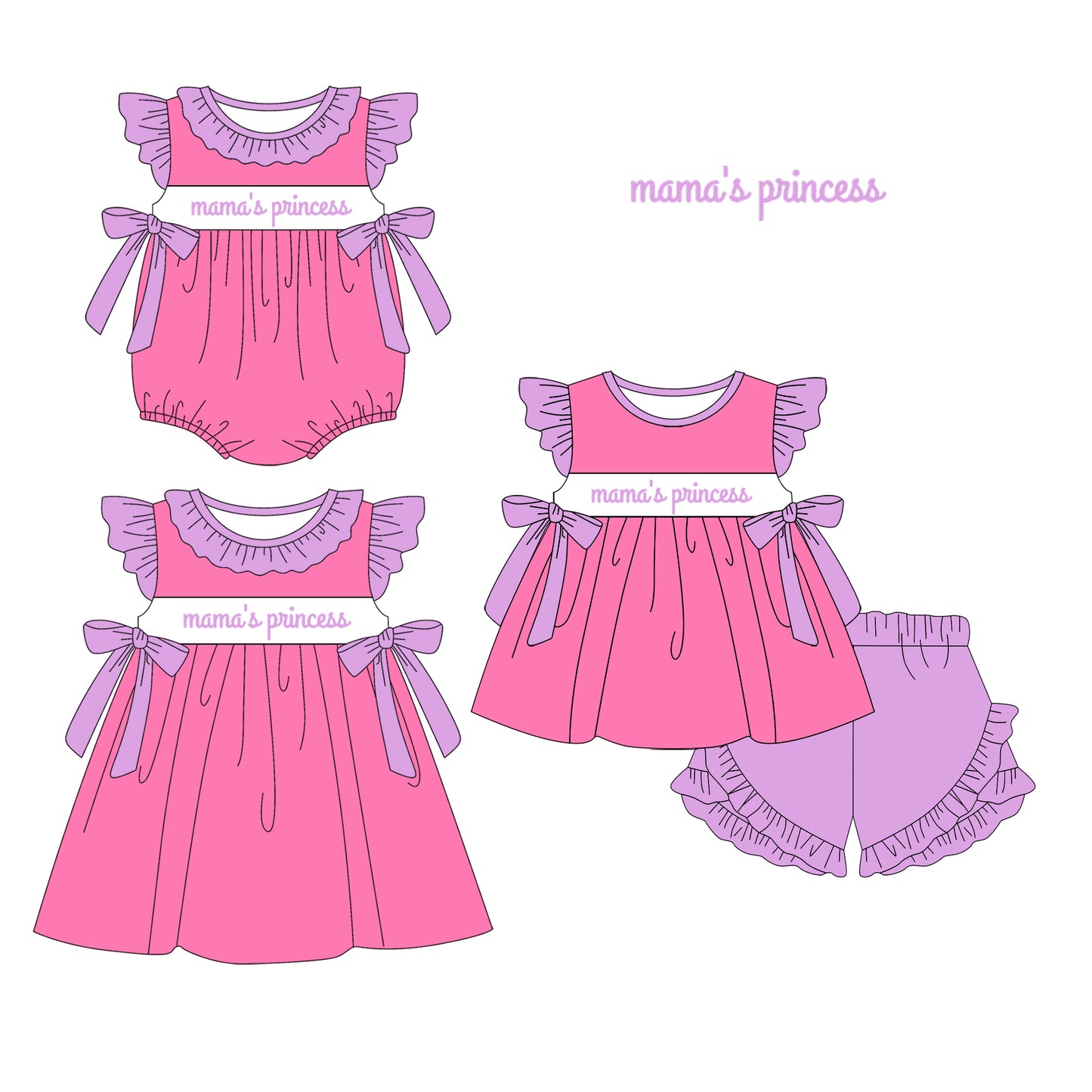 1.14 custom each style moq 5eta 4-6week Sibling Sisters mama princess baby girl short sleeve shorts sets and dress and rompers match family design