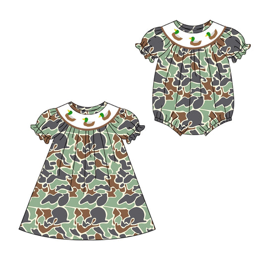 1.17 custom each style moq 5eta 4-6week Sibling Sister duck camouflage baby girl short sleeve dress and romper match family design