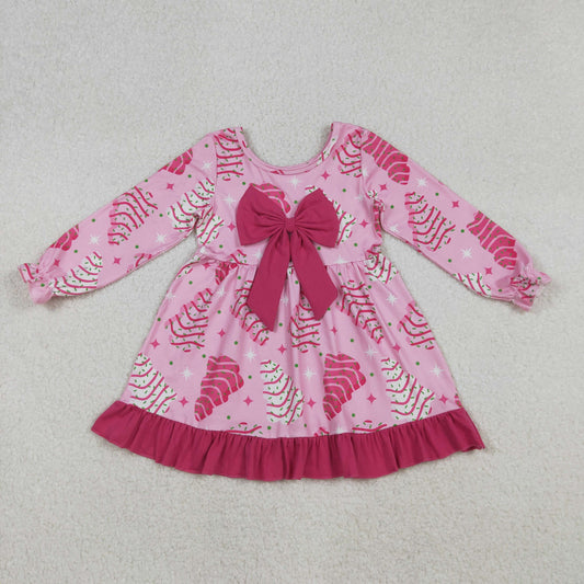 RTS NO MOQ（In Stock) GLD1276 Pink long-sleeved dress with rose-red Christmas tree pattern and bow lace