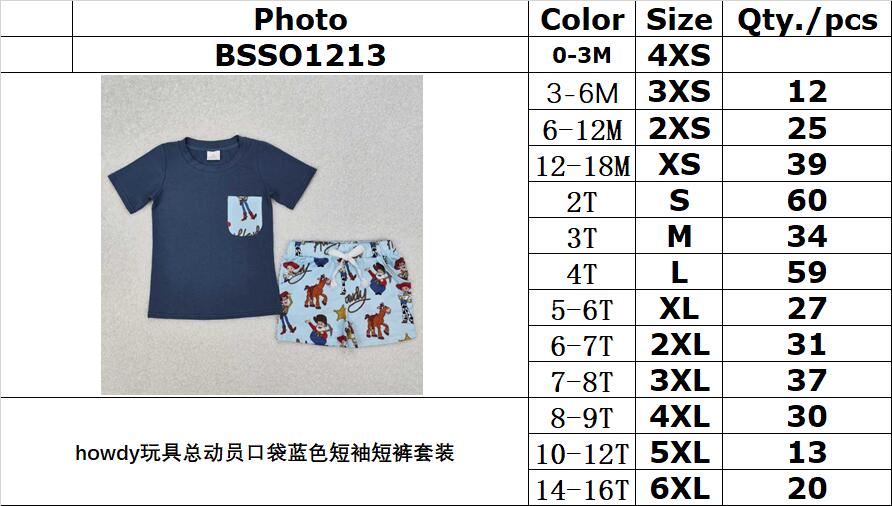 RTS NO MOQ ETA 5/7days Arrived BSSO1213 howdy Toy Story pocket blue short-sleeved shorts set