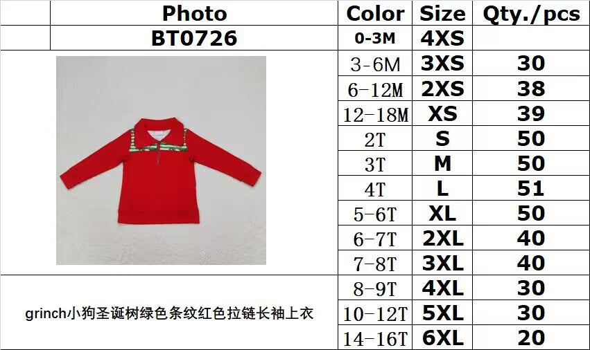 rts no moq BT0726 Grinch puppy Christmas tree green striped red zipper long-sleeved top