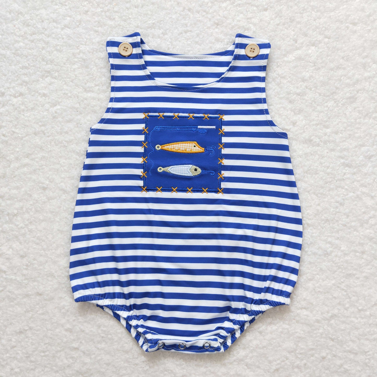 SR1074 Embroidered Fishing Blue and White Striped Vest Jumpsuit