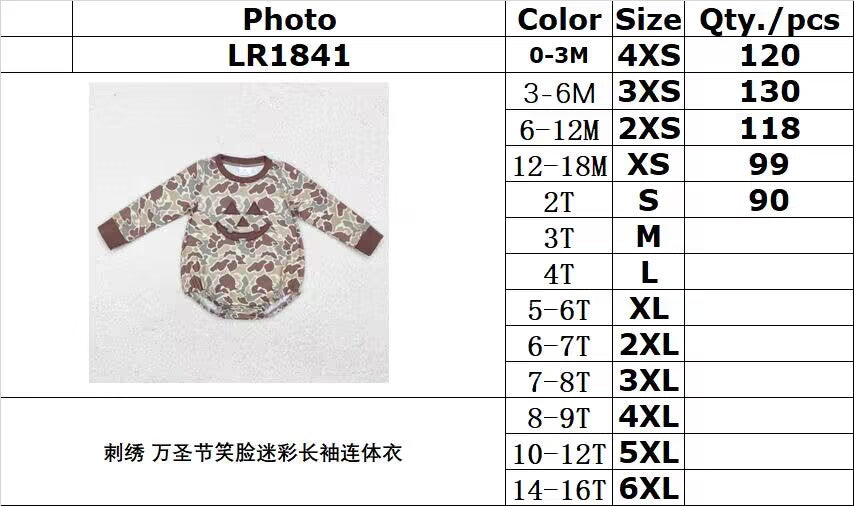 RTS NO MOQ ETA 5/7days LR1841 Embroidered Halloween smiley face camouflage long-sleeved jumpsuit