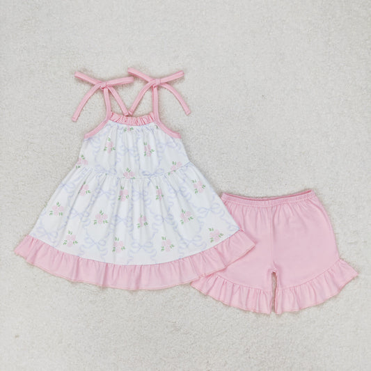 rts no moq GSSO0725 White Sleeveless Pink Shorts Set with Flower Bow Pattern