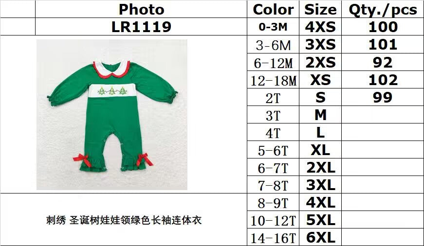 rts no moq LR1119 Embroidered Christmas tree doll collar green long-sleeved jumpsuit