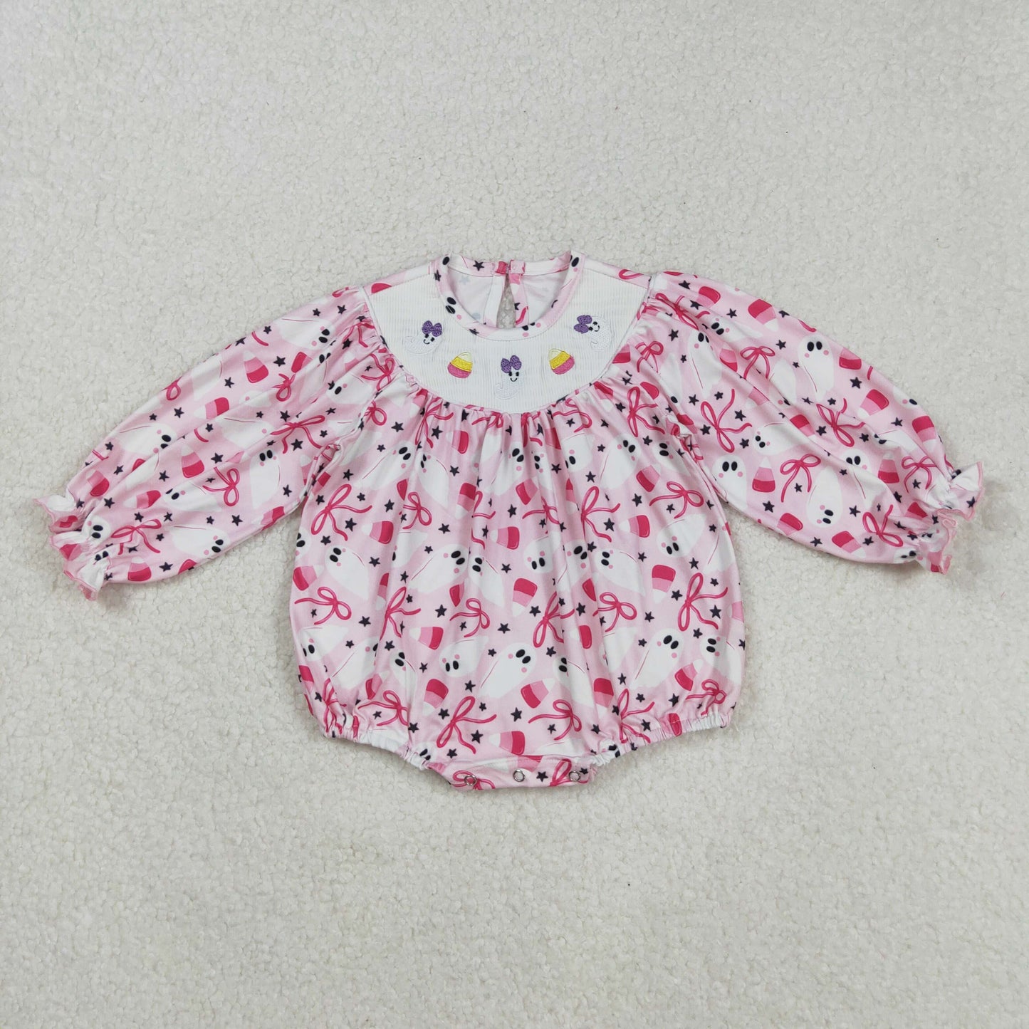RTS NO MOQ（In Stock) LR2216 Smocked embroidered ghost candy bow pattern long-sleeved bodysuit in pink