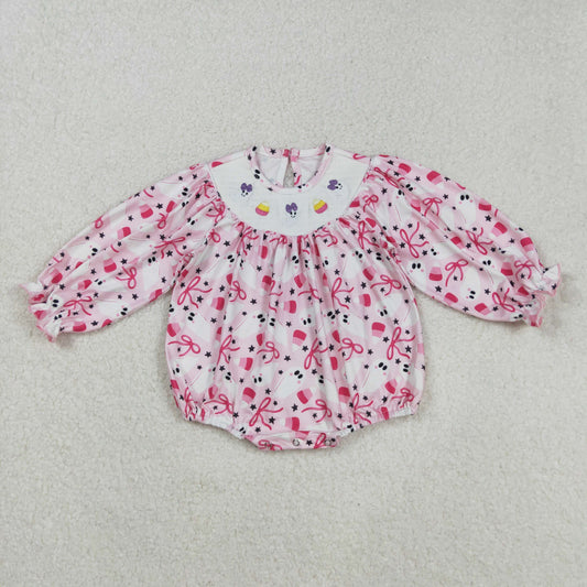 RTS NO MOQ（In Stock) LR2216 Smocked embroidered ghost candy bow pattern long-sleeved bodysuit in pink