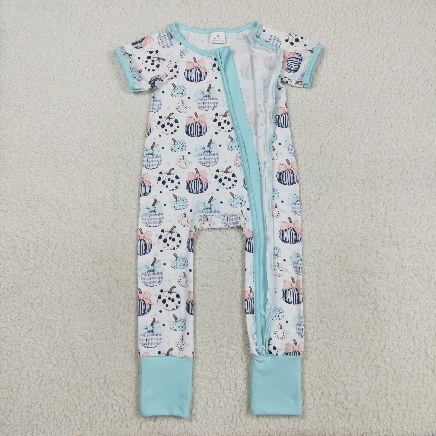 RTS NO MOQ（In Stock) SR3109 Blue and white short-sleeved zip-up bodysuit with a pumpkin bow pattern