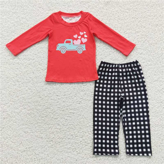 RTS SALES NO MOQ G2-16-3.. Valentine's Day Truck Red Long Sleeve Black and White Plaid Pants Set