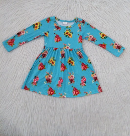 RTS NO MOQ SALES  G1-3-2..' Flower blue long-sleeved dress