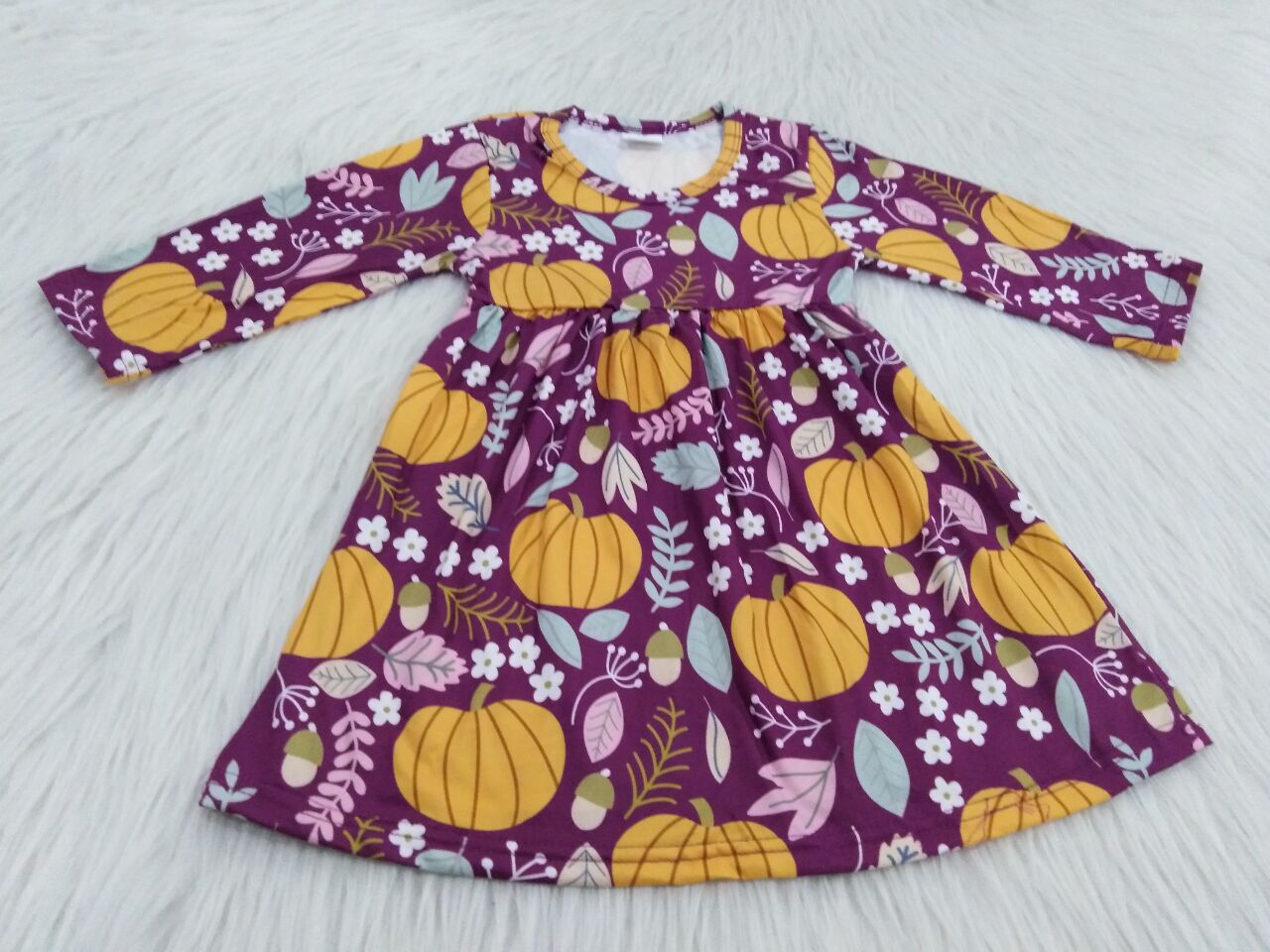 RTS NO MOQ SALES  G1-3-4* Leaf Pumpkin Long Sleeve Dress