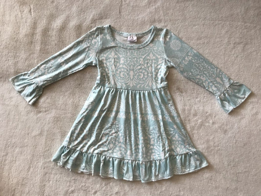 RTS NO MOQ SALES  G3-12-1[ White flower pattern light blue long-sleeved dress