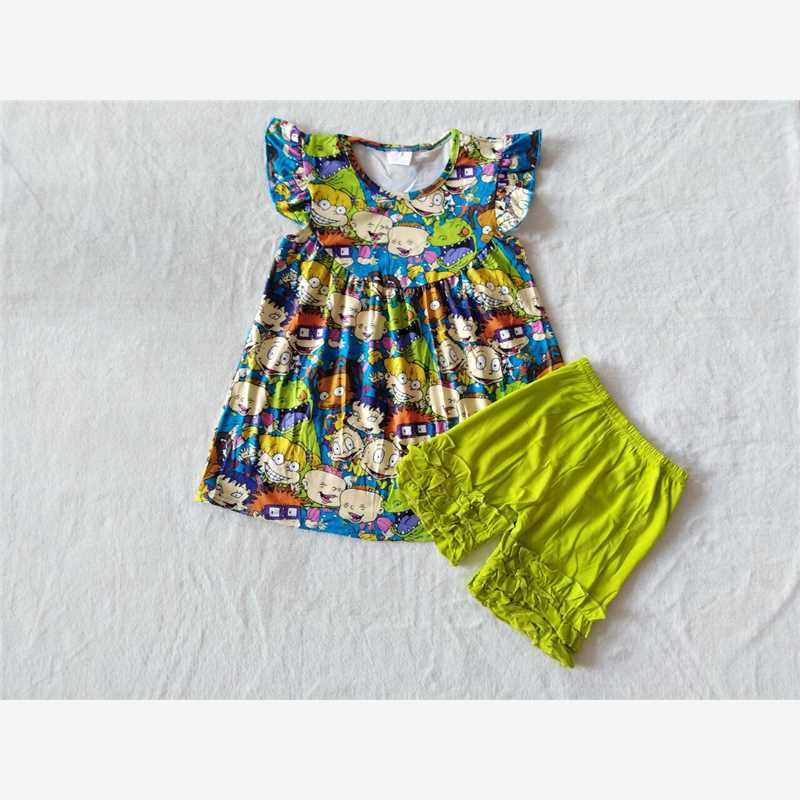 RTS SALES NO MOQ G2-7-3' Girls' short-sleeved green shorts set