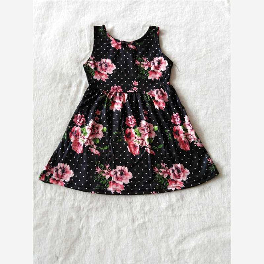 RTS SALES NO MOQ G2-7-7] Pink ink flower, pink polka dot sleeveless dress