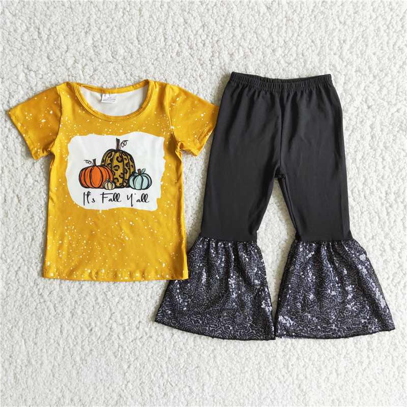 A2-12 Pumpkin Yellow Short Sleeve Top Black Sequin Pants