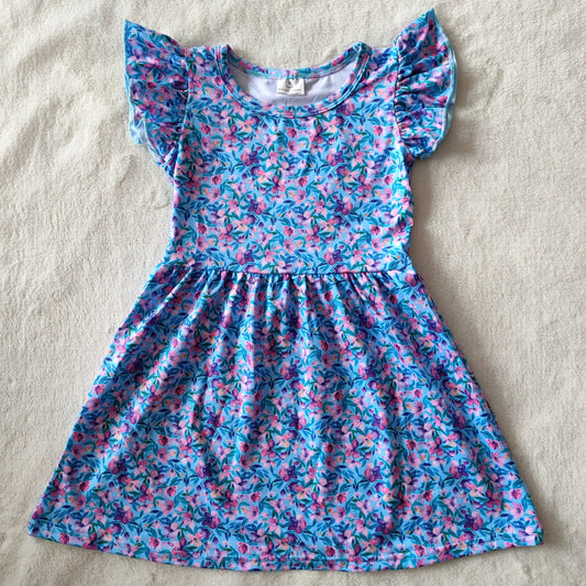 RTS SALES NO MOQ G2-11-2' Colorful flower light blue flying sleeve dress