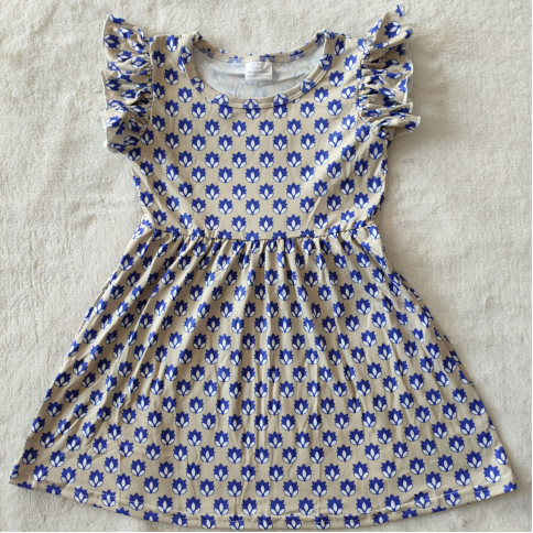 RTS SALES NO MOQ G2-3-5]. Blue and white buds grey flying sleeves dress