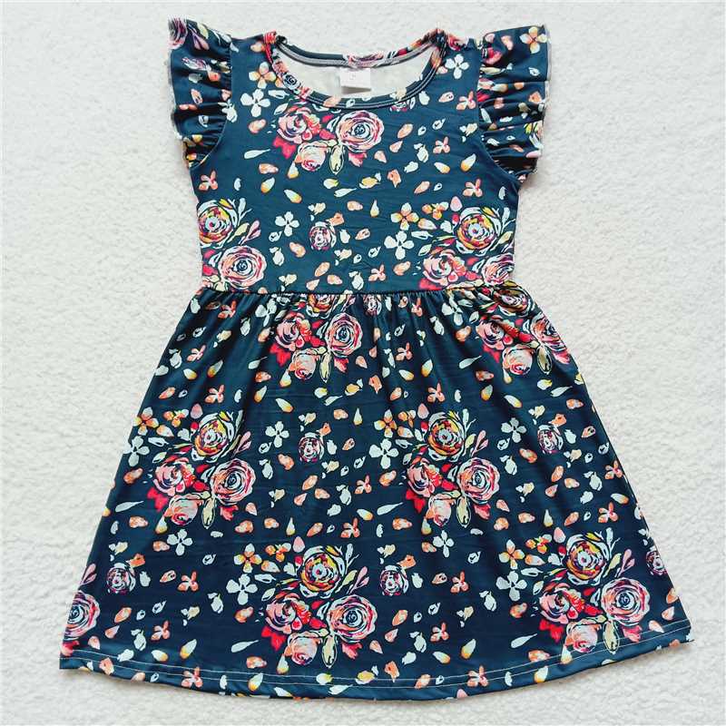 RTS SALES NO MOQ G1-7*/ Oil painting colored petals navy blue flying sleeves dress