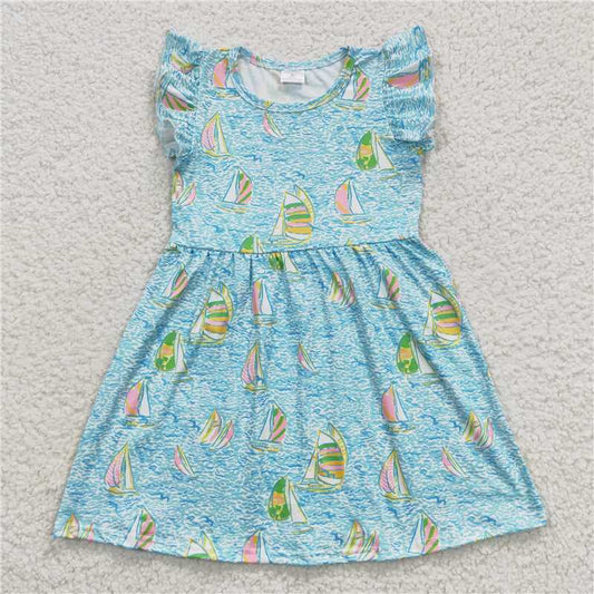 RTS SALES NO MOQ G1-11-9'' Colorful sail sky blue flying sleeve dress