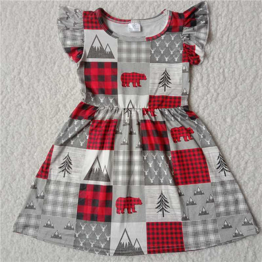 RTS SALES NO MOQ G2-11-3. Red plaid bear flying sleeves skirt