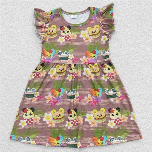 RTS SALES NO MOQ G1-11-9; .. Cartoon animal flower khaki flying sleeve dress