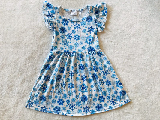 RTS SALES NO MOQ G2-23-8/. Blue snowflake flying sleeves dress