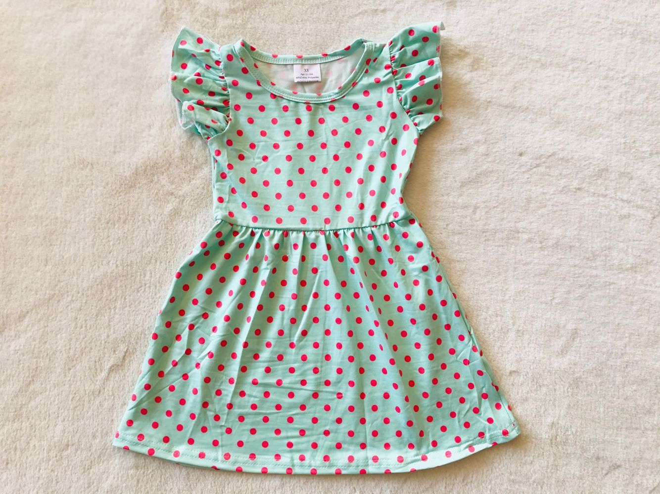 RTS SALES NO MOQ G3-3* Red polka dot light green flying sleeves dress