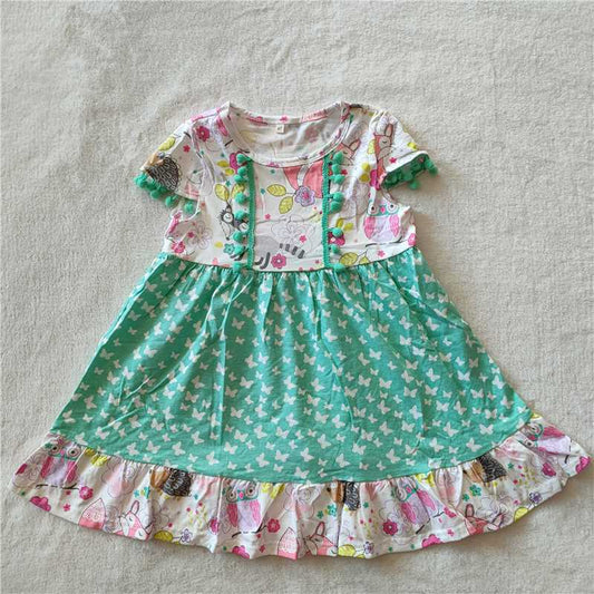 RTS SALES NO MOQ G3-6*/* Green pompom sleeve dress