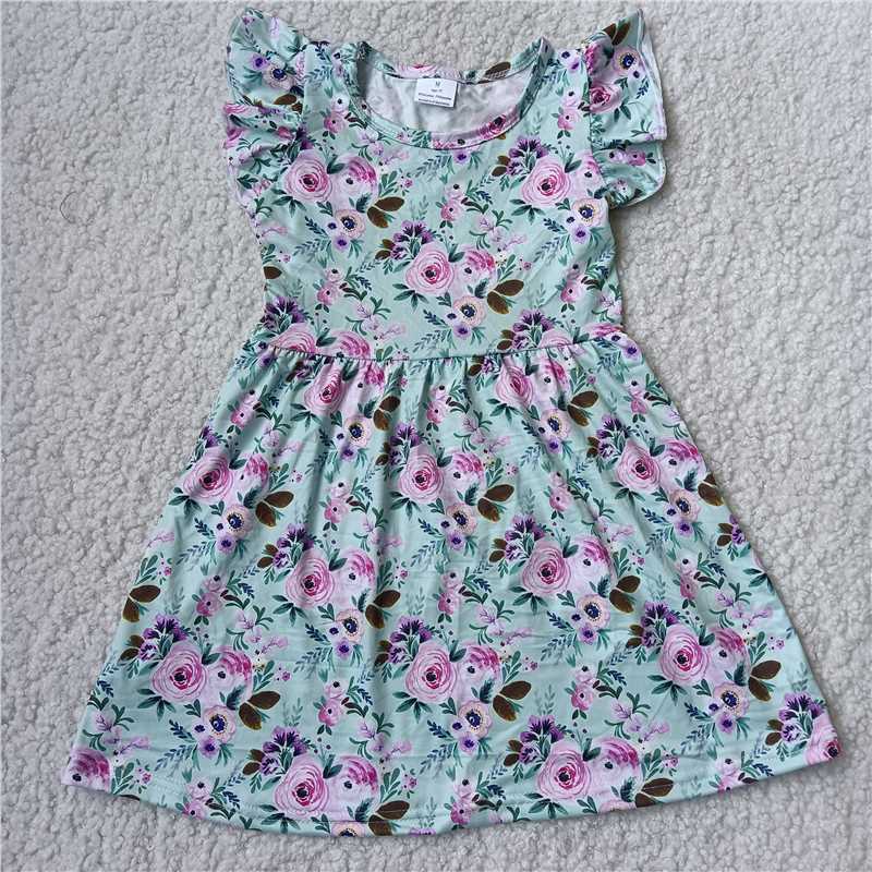 RTS SALES NO MOQ G2-23-*9* Purple flower and brown leaf flying sleeve dress