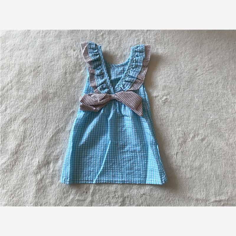 RTS SALES NO MOQ G3-3-*6 Blue and white plaid back bow flying sleeves dress