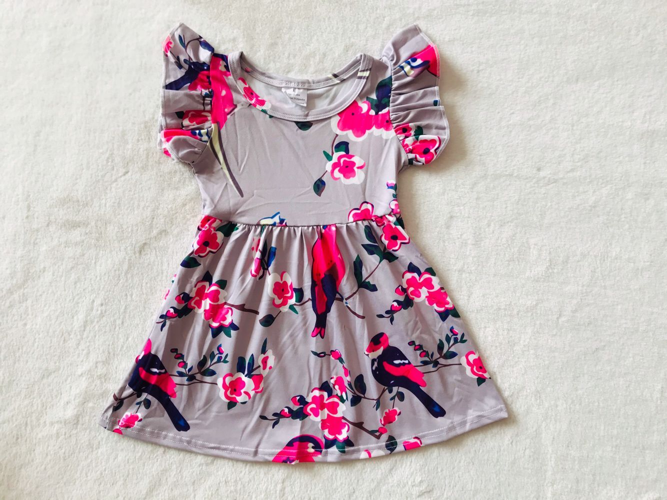 RTS SALES NO MOQ G3-14\ Rose-red flower magpie grey flying sleeve dress