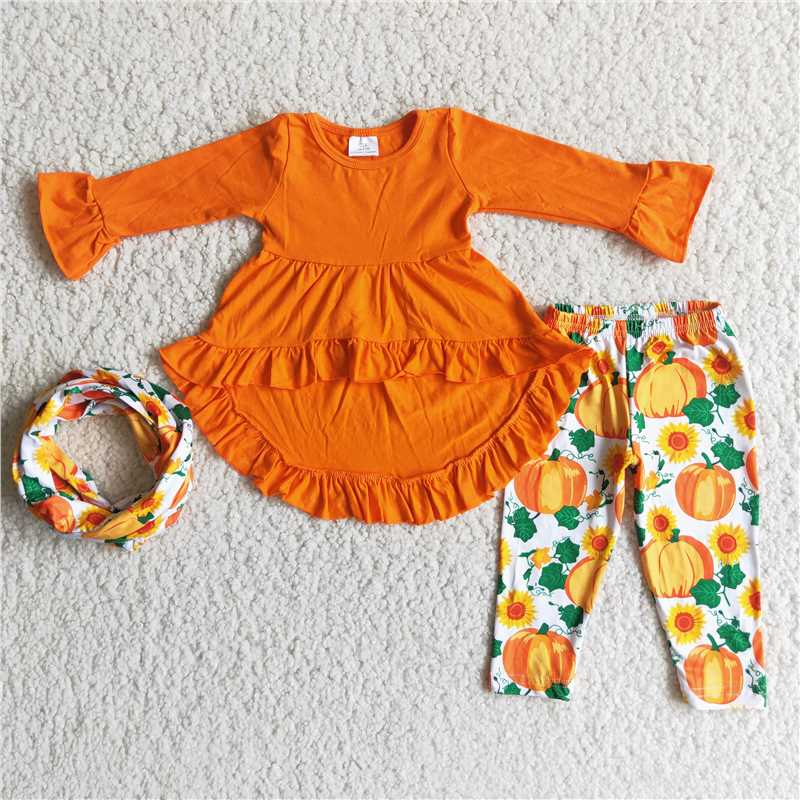 6 A11-15 Orange Lace Sleeve Pumpkin Pants Three-Piece Set